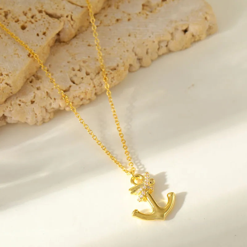 Elegant Simple 14K Gold Plated Copper Arrowhead Pendant Necklace With Embedded Zirconia Casual Street Style For Women