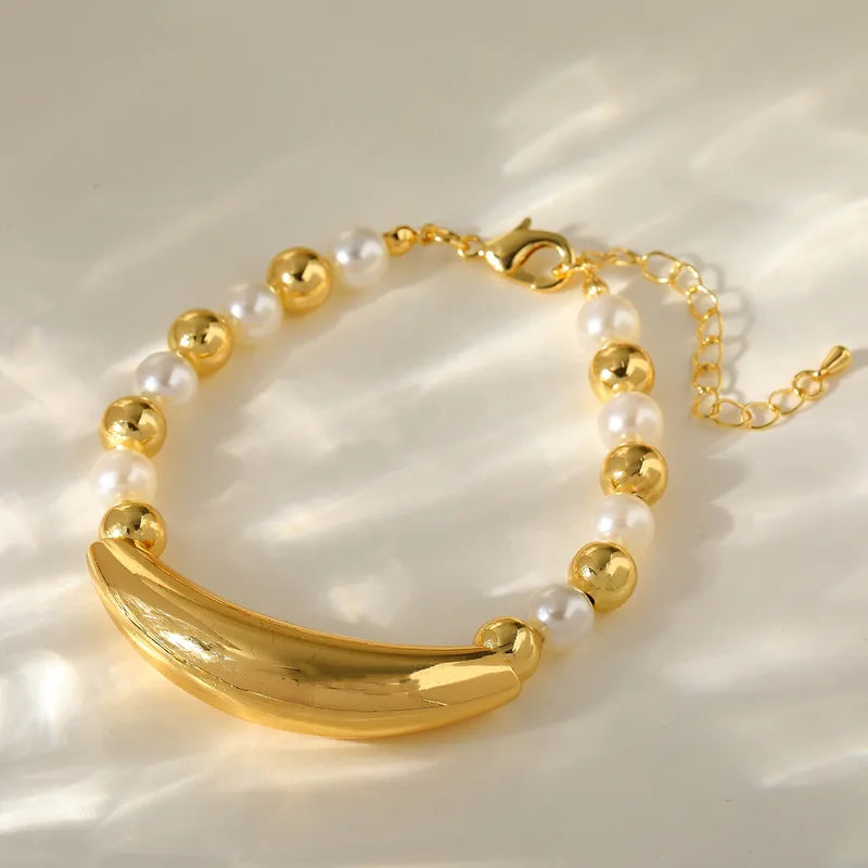 Elegant Simple Copper Plated 18K Gold Beaded Bracelet Fashionable Geometric Round Beads Lobster Clasp For Party Date Selfie Festival