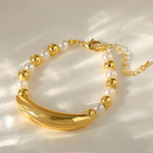 Elegant Simple Copper Plated 18K Gold Beaded Bracelet Fashionable Geometric Round Beads Lobster Clasp For Party Date Selfie Festival