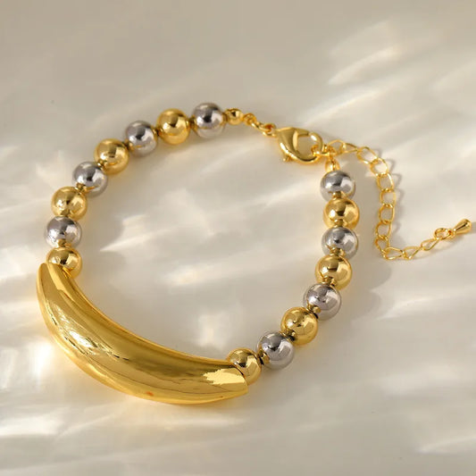 Elegant Simple Copper Plated 18K Gold Beaded Bracelet Fashionable Geometric Round Beads Lobster Clasp For Party Date Selfie Festival
