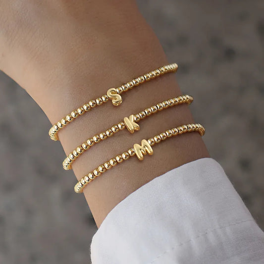 Elegant Simple Gold Bubble Initial Copper Bead Bracelet For Women Fashionable Jewelry Accessory Versatile For Daily Use And Dates