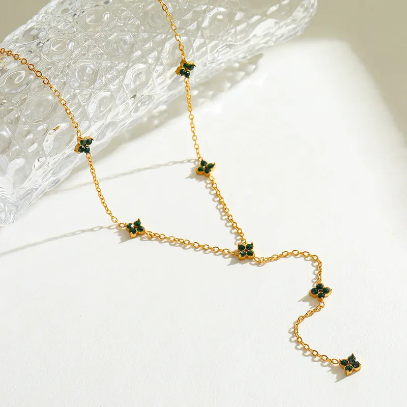 Elegant Simple Gold Plated Stainless Steel Zircon Leaf Pendant Necklace For Women Casual Romantic Cute Female Style