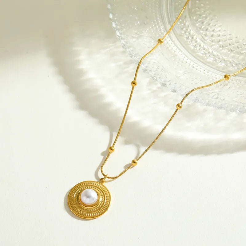 Elegant Simplicity 18K Gold Plated Stainless Steel Pearl Texture Round Pendant Necklace For Casual Daily Date Selfie Festival