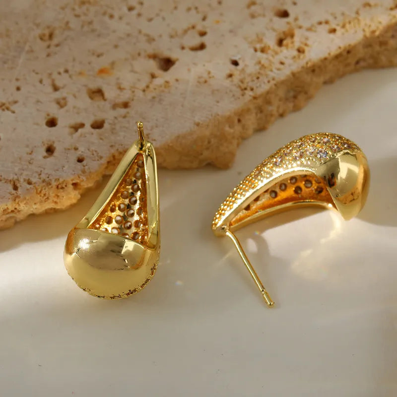 Elegant Simplicity Imitation Gold Plated Copper Drop Earrings With Embedded Zirconia Stones For Women Fashionable Casual Style