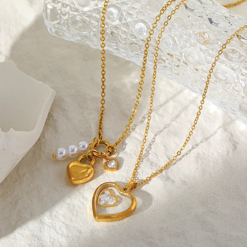 Elegant Stainless Steel 18K Gold Plated Fake Pearl Heart Pendant Necklace Casual Romantic Cute Women's Style Vacuum Plating