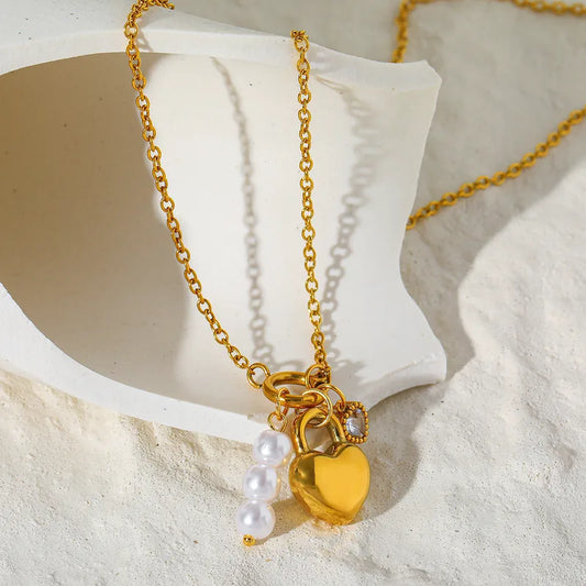 Elegant Stainless Steel 18K Gold Plated Fake Pearl Heart Pendant Necklace Casual Romantic Cute Women's Style Vacuum Plating