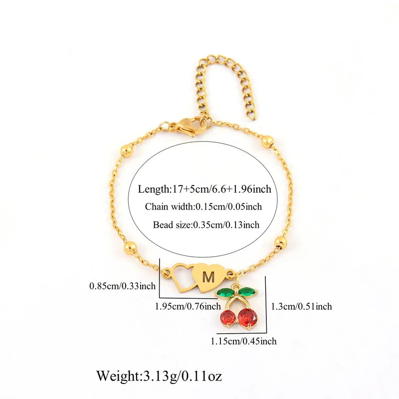 Elegant Sweet Style Double Heart Hollow Cherry Pendant Stainless Steel Ball Chain Women's Bracelet Fashion Jewelry Accessory