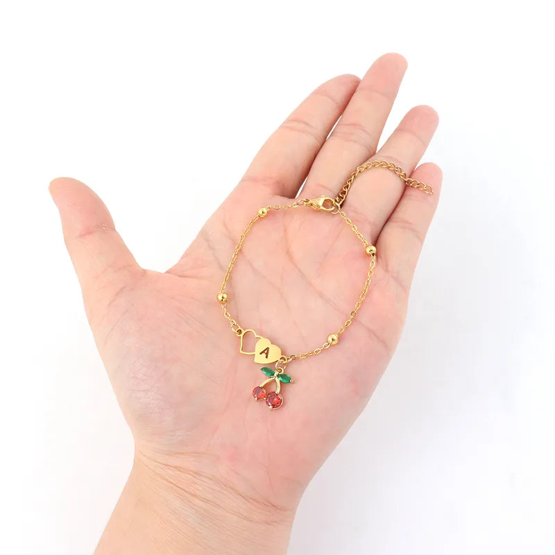 Elegant Sweet Style Double Heart Hollow Cherry Pendant Stainless Steel Ball Chain Women's Bracelet Fashion Jewelry Accessory