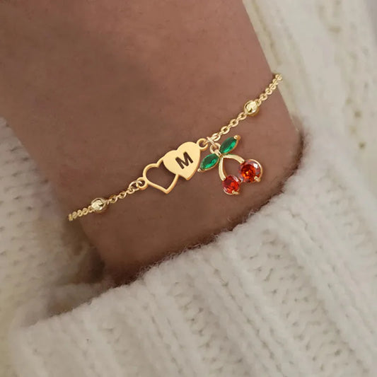 Elegant Sweet Style Double Heart Hollow Cherry Pendant Stainless Steel Ball Chain Women's Bracelet Fashion Jewelry Accessory