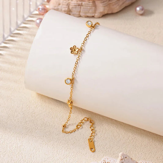 Elegant Titanium Steel Zircon Flower Pendant Bracelet Fashion Simple Stainless Steel Round Beads Hand Jewelry For Women