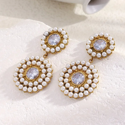 Elegant Vacuum Plated 18K Gold Round Zircon Full Pearl Stud Earrings Women Luxury Stylish Geometric Pattern Stainless Steel
