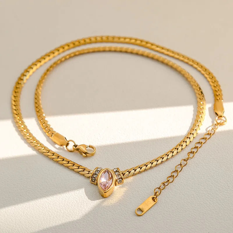 Elegant Vintage Diamond Embedded Stainless Steel Eye Necklace Women's Fashion Jewelry Accessory Casual Heart Pattern Lobster Clasp Cuban Chain