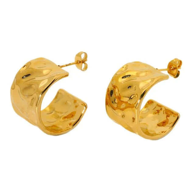 Exaggerated Design Stainless Steel 18K Gold Plated Half Circle Wide C Shaped Earrings Women's Fashion Retro Simple Hammered Texture