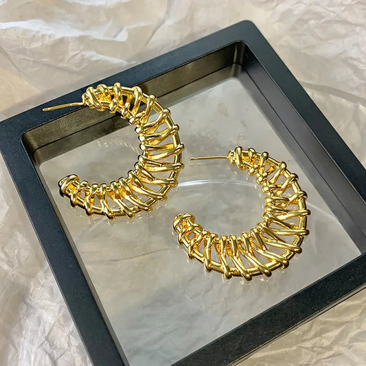 Exaggerated Geometric Weave Metal Silver Large Earrings Women Luxury Unique High-End Feelings Ear Jewelry Fashion Accessories