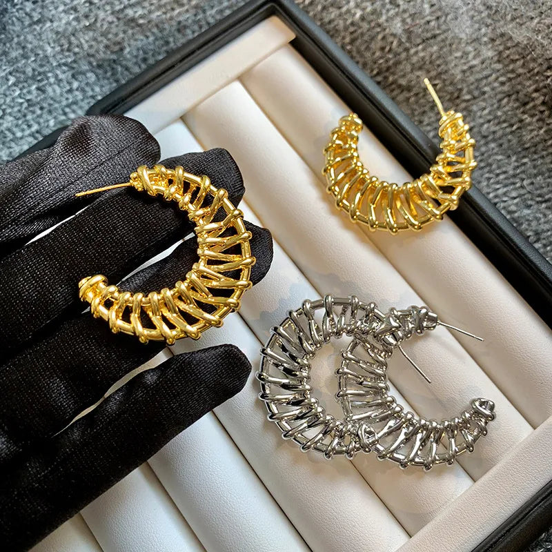 Exaggerated Geometric Weave Metal Silver Large Earrings Women Luxury Unique High-End Feelings Ear Jewelry Fashion Accessories