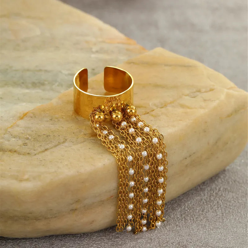 Exaggerated Tassel Titanium Steel Ring Non-fading Gold And Silver Color Block Personality Small Audience Hand Jewelry