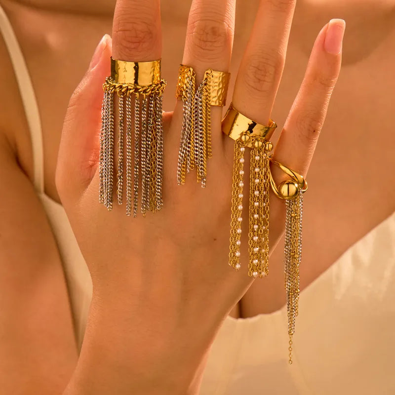 Exaggerated Tassel Titanium Steel Ring Non-fading Gold And Silver Color Block Personality Small Audience Hand Jewelry