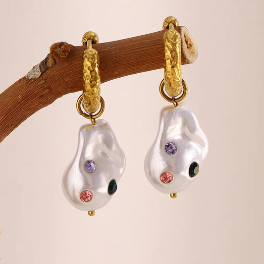 Exaggerated Vintage Pearl Earrings Stainless Steel Plated 18K Gold Baroque Imitation Pearl Oversize Luxury Women's Jewelry