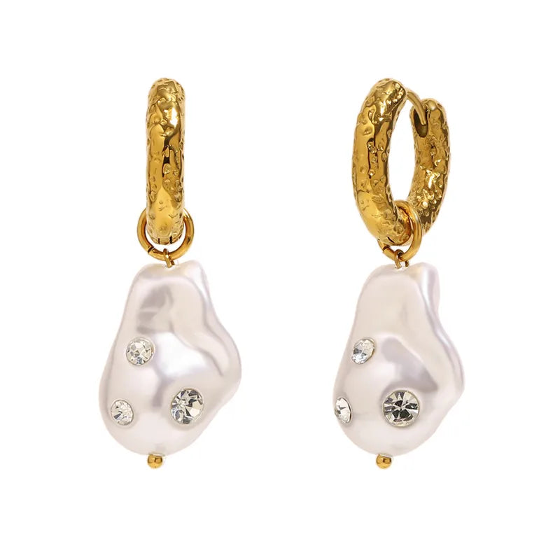 Exaggerated Vintage Pearl Earrings Stainless Steel Plated 18K Gold Baroque Imitation Pearl Oversize Luxury Women's Jewelry