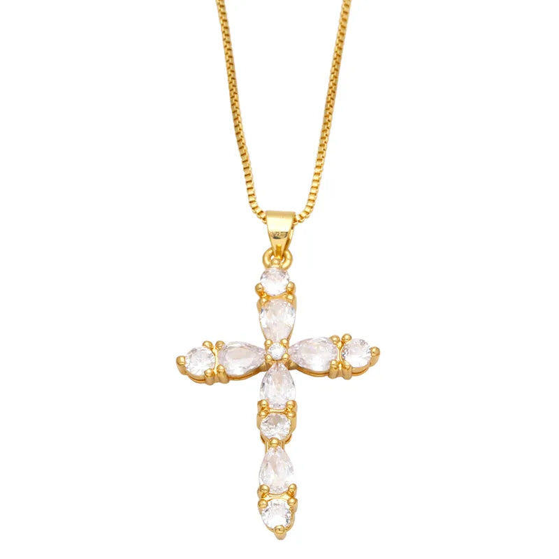 Fashion Colorful Zircon Cross Hip Hop Diamond Copper Necklace