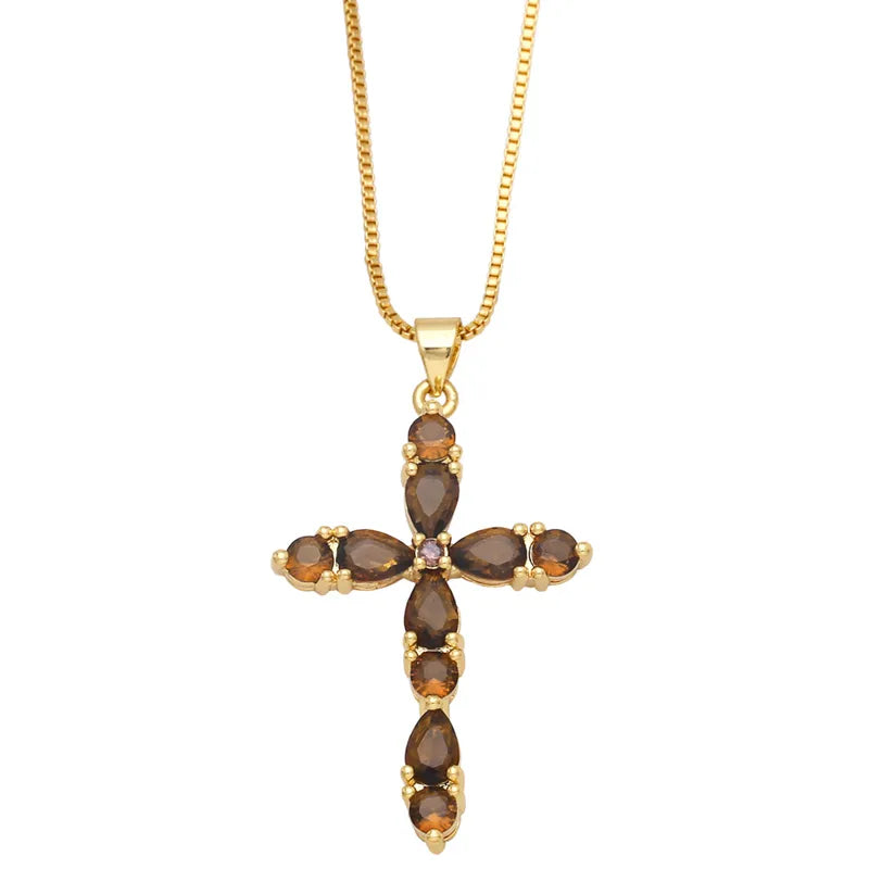 Fashion Colorful Zircon Cross Hip Hop Diamond Copper Necklace
