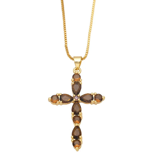 Fashion Colorful Zircon Cross Hip Hop Diamond Copper Necklace