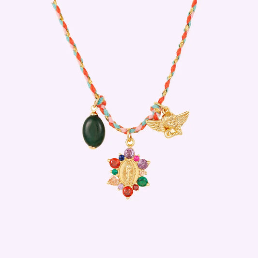 Fashion Handmade Woven Colorful Rope Multi-Element Vintage Style Zircon Pendant Necklace For Women Micro Inlaid Diamond Virgin Mary Angel Collarbone Chain Jewelry