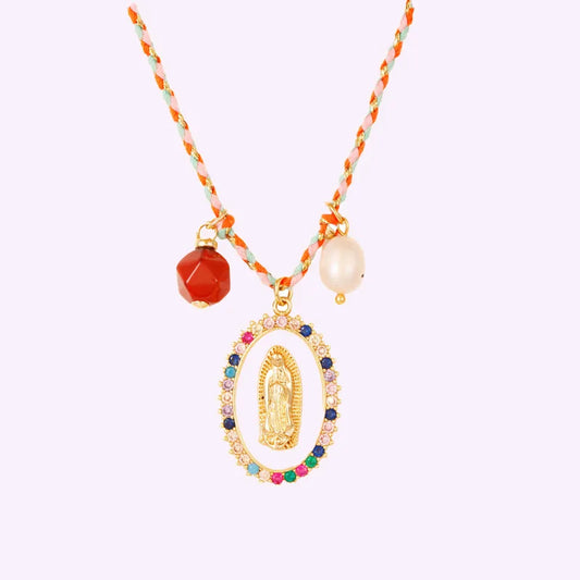 Fashion Handmade Woven Colorful Rope Multi-Element Vintage Style Zircon Pendant Necklace For Women Micro Inlaid Diamond Virgin Mary Angel Collarbone Chain Jewelry