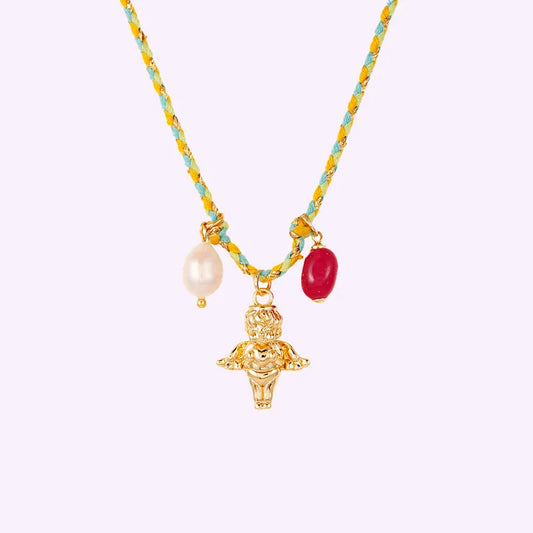 Fashion Handmade Woven Colorful Rope Multi-Element Vintage Style Zircon Pendant Necklace For Women Micro Inlaid Diamond Virgin Mary Angel Collarbone Chain Jewelry