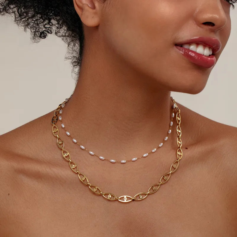 Fashion Layered Pearl Titanium Steel Necklace With Geometric Elements 18K Gold Plated Elegant Women's Jewelry Hip-Hop Style