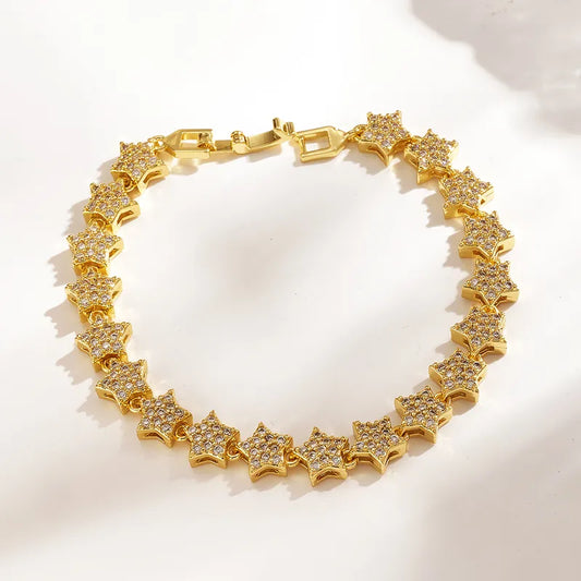 Fashion Luxury Copper Water Plated 18K Real Gold Micro Inlaid Zircon Hollow Heart Five-Pointed Star New Style Bracelet