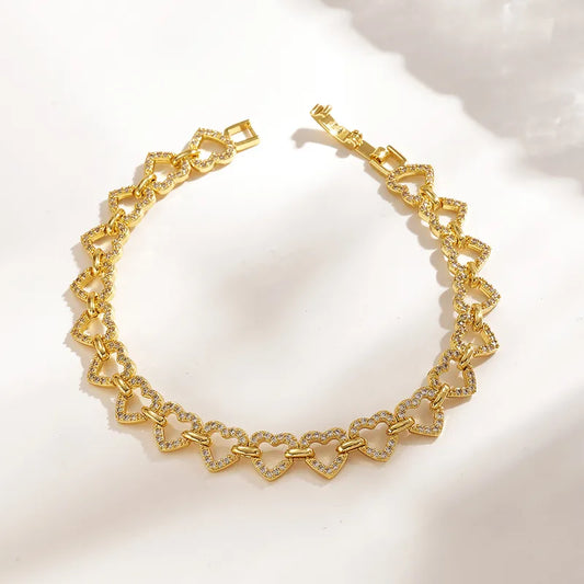 Fashion Luxury Copper Water Plated 18K Real Gold Micro Inlaid Zircon Hollow Heart Five-Pointed Star New Style Bracelet