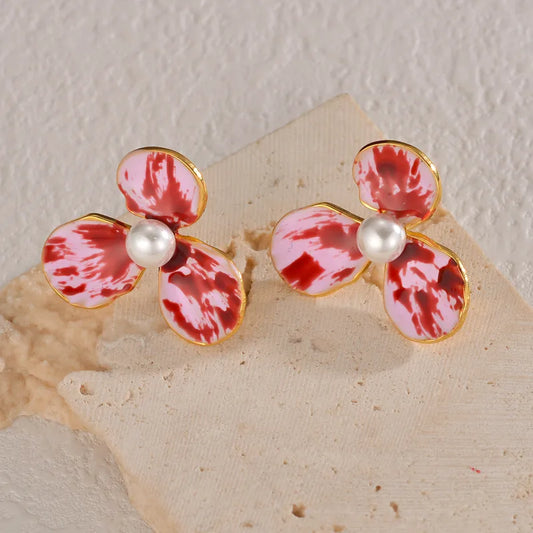 Fashion Stainless Steel 18K Gold Plated Pearl Flower Earrings Non-Fading Earrings Ladies