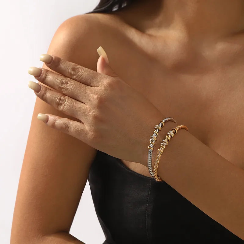 Fashion Stainless Steel Twisted Rope Open Bracelet Luxurious Geometric Diamond Block Women's Bracelet Rose Gold And Steel Color