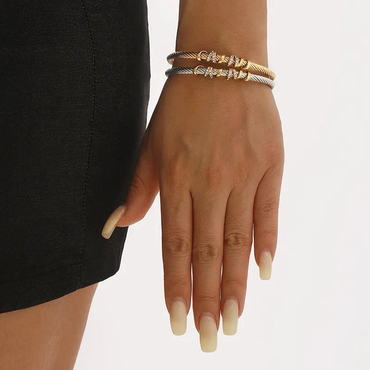 Fashion Stainless Steel Twisted Rope Open Bracelet Luxurious Geometric Diamond Block Women's Bracelet Rose Gold And Steel Color