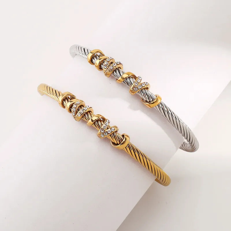 Fashion Stainless Steel Twisted Rope Open Bracelet Luxurious Geometric Diamond Block Women's Bracelet Rose Gold And Steel Color