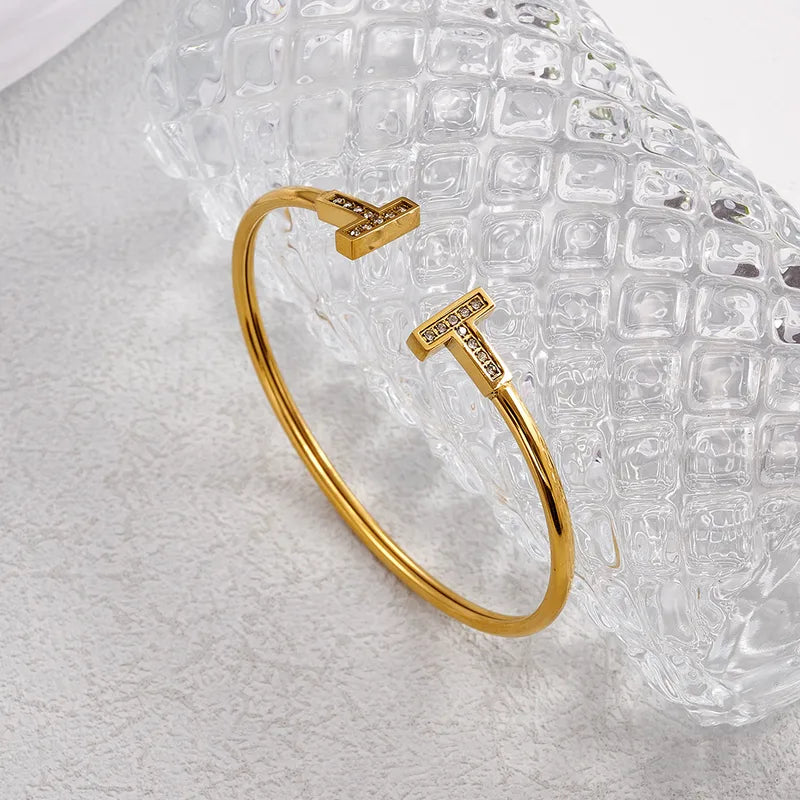 Fashionable 304 Stainless Steel Bracelet With Rhinestone In-Lab Plating Openable Design For Casual Holiday Office Daily Wear