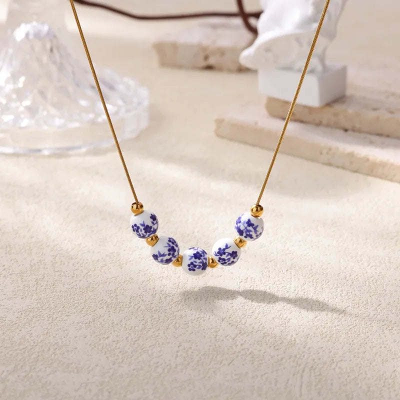 Fashionable Chinese Style Ceramic Ball Necklace With Multicolor Flowers Stainless Steel Chain Anti-Fading Jewelry Gift
