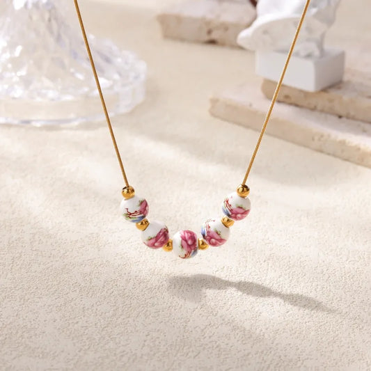 Fashionable Chinese Style Ceramic Ball Necklace With Multicolor Flowers Stainless Steel Chain Anti-Fading Jewelry Gift
