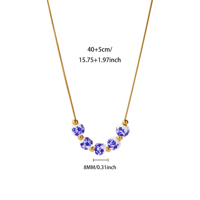 Fashionable Chinese Style Ceramic Ball Necklace With Multicolor Flowers Stainless Steel Chain Anti-Fading Jewelry Gift