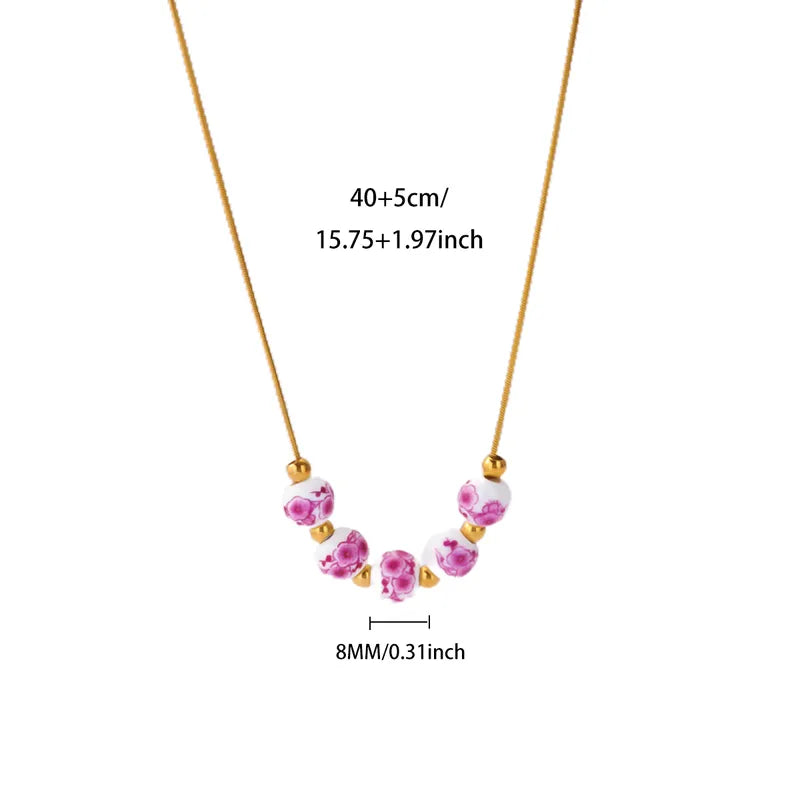 Fashionable Chinese Style Ceramic Ball Necklace With Multicolor Flowers Stainless Steel Chain Anti-Fading Jewelry Gift