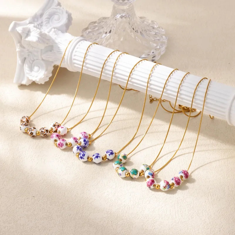 Fashionable Chinese Style Ceramic Ball Necklace With Multicolor Flowers Stainless Steel Chain Anti-Fading Jewelry Gift