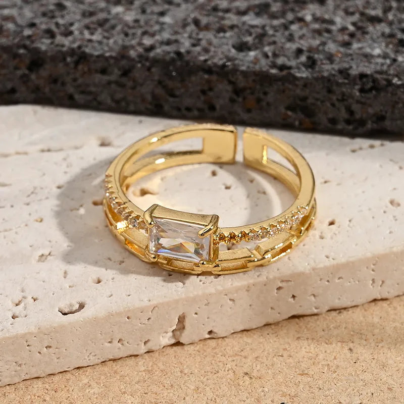 Fashionable Color-Preserving Electroplated Pearl Micro-Set Zircon Flower Square Ring Adjustable Size 18K Gold Plated Casual Wear For Women