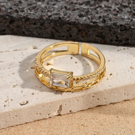 Fashionable Color-Preserving Electroplated Pearl Micro-Set Zircon Flower Square Ring Adjustable Size 18K Gold Plated Casual Wear For Women