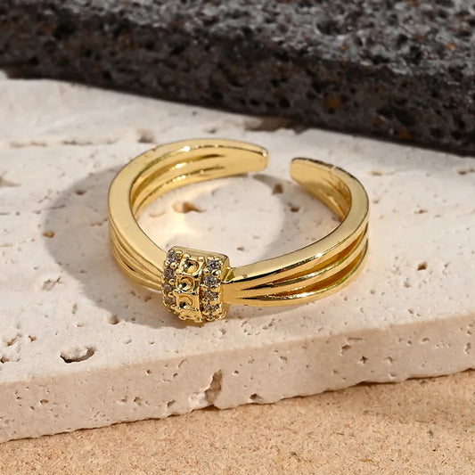 Fashionable Color-Preserving Electroplated Pearl Micro-Set Zircon Flower Square Ring Adjustable Size 18K Gold Plated Casual Wear For Women