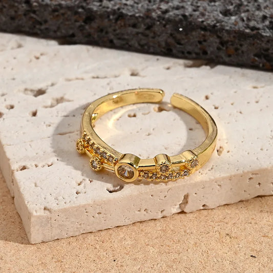 Fashionable Color-Preserving Electroplated Pearl Micro-Set Zircon Flower Square Ring Adjustable Size 18K Gold Plated Casual Wear For Women