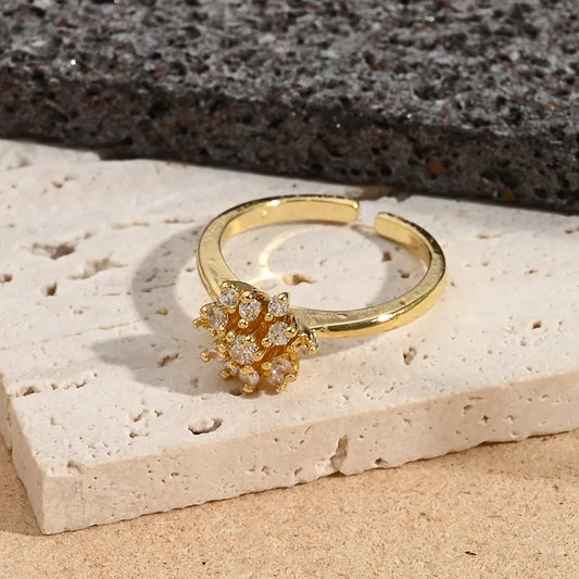 Fashionable Color-Preserving Electroplated Pearl Micro-Set Zircon Flower Square Ring Adjustable Size 18K Gold Plated Casual Wear For Women