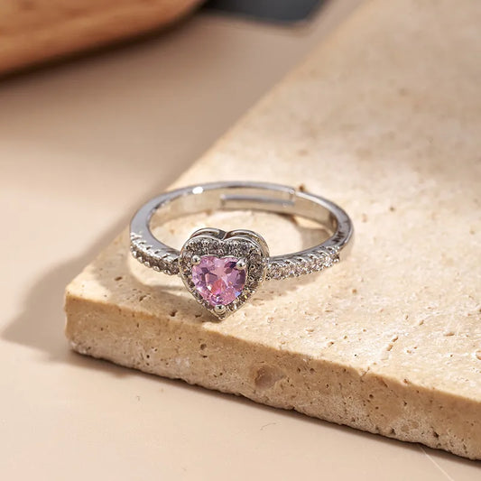 Fashionable Color-Preserving Electroplated Zircon Heart Ring Handmade Polished Engraved Adjustable Size White Gold Plated Copper