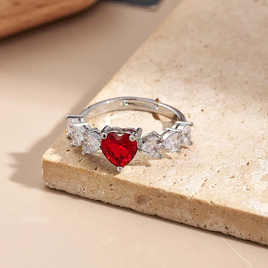 Fashionable Color-Preserving Electroplated Zircon Heart Ring Handmade Polished Engraved Adjustable Size White Gold Plated Copper