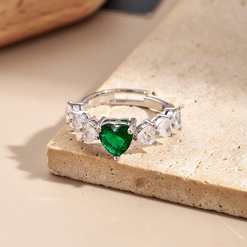 Fashionable Color-Preserving Electroplated Zircon Heart Ring Handmade Polished Engraved Adjustable Size White Gold Plated Copper